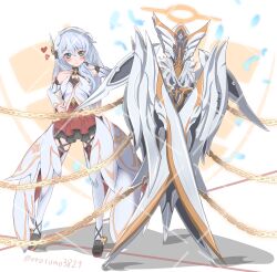 Rule 34 | 1girl, absurdres, bare shoulders, blue eyes, blush, closed mouth, cross (weapon), detached sleeves, dress, erasumo3821, feathers, full body, hair ornament, hand on own hip, heart, highres, honkai (series), honkai impact 3rd, long hair, looking at viewer, shadow, side ponytail, solo, standing, theresa apocalypse, theresa apocalypse (celestial hymn), thighhighs, veil, white background, white dress, white hair, white sleeves, white thighhighs