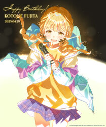 1girl 2025 :d blonde_hair braid character_name copyright_notice cowboy_shot cursive dated fang fujita_kotone gakuen_idolmaster glowing happy_birthday holding holding_microphone idolmaster looking_at_viewer microphone open_mouth poo_(donkan_gokko) sleeves_past_wrists smile solo twin_braids