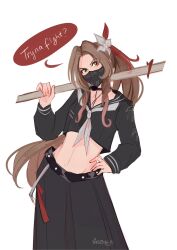 Rule 34 | 1girl, aerith gainsborough, aerith gainsborough (midgard seventh high school), artist name, belt, black belt, black choker, black mask, black sailor collar, black shirt, black skirt, breasts, choker, cowboy shot, crop top, delinquent, english text, final fantasy, final fantasy vii, final fantasy vii ever crisis, flower, green eyes, grey flower, grey neckerchief, hair flower, hair ornament, hair ribbon, hand on own hip, highres, holding, holding staff, long hair, long skirt, long sleeves, mask, medium breasts, midriff, mouth mask, neckerchief, official alternate costume, over shoulder, parted bangs, ponytail, red ribbon, ribbon, sailor collar, school uniform, shirt, sidelocks, skirt, solo, speech bubble, staff, sukeban, vanekairi, weapon, weapon over shoulder, white background