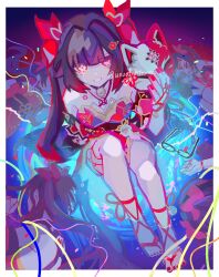 5girls bare_shoulders black_choker black_gloves black_hair border bow choker commentary_request crying crying_with_eyes_open detached_sleeves dress food fox_mask full_body glasses gloves hair_bow halterneck highres holding holding_mask honkai:_star_rail honkai_(series) ice_cream ice_cream_cone ice_cream_cone_spill long_hair looking_at_viewer lying mask multiple_girls nail_polish on_side on_water out_of_frame red_dress red_eyes red_nails sakeo_(uouofishtown) shallow_water sitting sitting_on_water smile solo_focus sparkle_(honkai:_star_rail) sparkle_(school_uniform)_(honkai:_star_rail) streamers tears toenail_polish toenails twintails unworn_eyewear water white_border