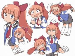 Rule 34 | !, &gt; &lt;, angry, blue eyes, blue footwear, blush, bow, butt bump, hair bow, hair ornament, hip attack, jacket, kunio-kun series, kyoko (kunio-kun), letterman jacket, orange hair, pleated skirt, ponytail, puffy cheeks, red neckwear, river city girls, skirt, speech bubble, tsubobot, white legwear
