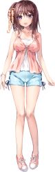 1girl :d absurdres bare_shoulders blue_shorts blush bosei_kanojo_2_-chisei_houkai-hen- bracelet breasts brown_hair collarbone eyes_visible_through_hair full_body hair_between_eyes hair_ornament highres jewelry large_breasts legs looking_at_viewer medium_hair official_art one_side_up open_mouth oryo_(oryo04) pink_shirt pink_shoes purple_eyes sakurai_iyo shirt shoes short_shorts shorts simple_background sleeveless sleeveless_shirt smile sneakers solo standing star_(symbol) star_hair_ornament tachi-e translation_request transparent_background
