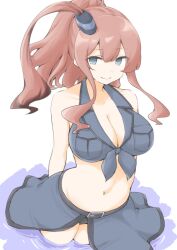 Rule 34 | 1girl, adapted costume, akara kai, arms behind back, bikini, bikini skirt, black bikini, breast pocket, breasts, brown eyes, brown hair, cowboy shot, front-tie bikini top, front-tie top, grey eyes, high side ponytail, highres, kantai collection, large breasts, long hair, pocket, saratoga (kancolle), saratoga mk ii (kancolle), side ponytail, smokestack hair ornament, solo, swimsuit, wading, water