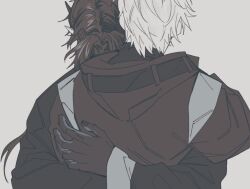 Rule 34 | 2boys, arknights, chongyue (arknights), doctor (arknights), dragon boy, dragon horns, grey background, hands up, hood, hood down, hooded coat, horns, hug, long hair, long sleeves, low ponytail, male doctor (arknights), male focus, multiple boys, mutual hug, nills, pointy ears, ponytail, short hair, simple background, turtleneck, upper body, wide sleeves