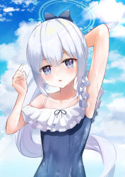 Rule 34 | 1girl, arm behind head, armpits, bare shoulders, black bow, blue archive, blue eyes, blue halo, blue one-piece swimsuit, blue sky, blush, bow, c.u.wa, casual one-piece swimsuit, cloud, collarbone, commentary request, day, floating hair, frilled one-piece swimsuit, frills, hair between eyes, hair bow, halo, hand up, highres, long hair, looking at viewer, miyako (blue archive), miyako (swimsuit) (blue archive), off-shoulder one-piece swimsuit, off shoulder, official alternate costume, official alternate hairstyle, one-piece swimsuit, open mouth, outdoors, ponytail, sidelocks, sky, solo, swimsuit, upper body, very long hair, wet, white hair