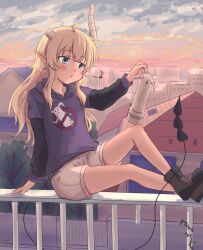 1girl absurdres alternate_costume arm_at_side arm_support blonde_hair blue_eyes blush boots brown_boots casual commentary dark-skinned_female dark_skin demon_girl demon_horns demon_tail dusk fence foot_out_of_frame from_side ghostbusters highres hood hood_down hoodie horns knee_up lilith_(machikado_mazoku) long_hair long_sleeves looking_at_object machikado_mazoku musical_note no_entry_sign outdoors parted_lips pointy_ears pun purple_hoodie road_sign shorts sidelocks sign sitting solo tail tsurime wavy_hair white_shorts yunoppi