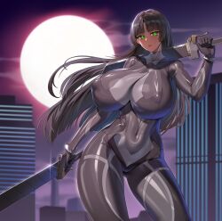 Rule 34 | 1girl, absurdres, black bodysuit, black hair, blush, bodysuit, bracelet, breasts, cityscape, covered erect nipples, covered navel, dark-skinned female, dark skin, dual wielding, felicia castro, green eyes, highres, holding, huge breasts, jewelry, jingb dx, long hair, looking at viewer, open mouth, solo, sword, tatakau ni atai suru, thighs, weapon