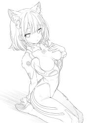 Rule 34 | 1girl, absurdres, alternate costume, animal ear fluff, animal ears, arm behind back, arm support, ayanami rei, ayanami rei (cosplay), blue archive, blush, bodysuit, closed mouth, commentary, cosplay, cross hair ornament, extra ears, greyscale, hair between eyes, hair ornament, hairclip, hand on own chest, hand up, highres, kneeling, lineart, long hair, looking at viewer, mecha pilot suit, monochrome, neon genesis evangelion, plugsuit (evangelion), seiza, shiroko (blue archive), short hair, sidelocks, simple background, sitting, solo, symbol-only commentary, t1kosewad, white background, wolf ears, wolf girl