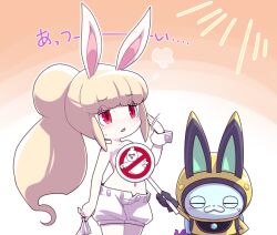 Rule 34 | 1girl, animal ears, blonde hair, blush, breasts, closed eyes, collarbone, fake animal ears, ghost, ghostbusters, gloves, half-closed eyes, helmet, large breasts, logo parody, long hair, navel, no symbol, nollety, open mouth, ponytail, rabbit ears, rabbit girl, red eyes, shorts, sidelocks, simple background, snowrabby, space helmet, spacesuit, topless female, usapyon, whisper (youkai watch), wrist cuffs, youkai (youkai watch), youkai watch, youkai watch 3