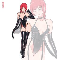 1girl blush breasts chainsaw_man choker covered_navel dominatrix dual_persona elbow_gloves full_body gloves highleg latex looking_at_viewer makima_(chainsaw_man) red_hair ringed_eyes thighhighs yellow_eyes