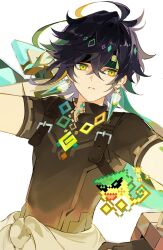 Rule 34 | 1boy, ahoge, ajaw (genshin impact), black hair, black shirt, earrings, genshin impact, green eyes, green hair, hair between eyes, hush (xoxo hush), jewelry, kinich (genshin impact), looking at viewer, male focus, multicolored hair, shirt, short sleeves, streaked hair, white background
