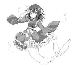 1girl commentary drill_hair drill_sidelocks fins frilled_kimono frills greyscale head_fins highres japanese_clothes kimono long_hair long_sleeves looking_at_viewer mermaid monochrome monster_girl obi open_mouth sash sidelocks solo touhou tsuukinkaisoku_oomiya wakasagihime wide_sleeves