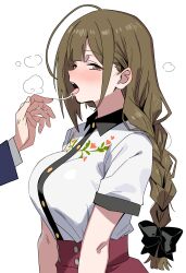 1boy 1girl absurdres ahoge black_bow blush bow breasts brown_hair collared_shirt commentary_request contrast_collar hair_bow hetero highres huge_ahoge idolmaster idolmaster_shiny_colors jie-se_(kuai_mian_biao) kuwayama_chiyuki large_breasts long_hair looking_at_viewer out_of_frame saliva saliva_trail shirt shirt_tucked_in short_sleeves simple_background solo_focus steam tongue tongue_out upper_body white_background white_shirt