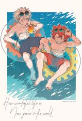 Rule 34 | 2boys, abs, armpits, bakugou katsuki, blonde hair, boku no hero academia, cou++++, cup, drinking glass, drinking straw, food, fruit, inflatable toy, kirishima eijirou, lime (fruit), lime slice, male focus, male swimwear, multiple boys, muscular, muscular male, nail polish, nipples, partially submerged, pectorals, red eyes, red hair, scar, scar across eye, scar on face, sharp teeth, short hair, spiked hair, sunglasses on head, teeth, topless male, wristband