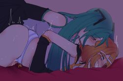 2girls aqua_hair bed blonde_hair blue_eyes blue_hair blush bottomless clothed_sex covering_another&#039;s_mouth detached_sleeves dim_lighting drooling drooling_on_another gagged hair_ornament hairclip hand_gagged hand_over_another&#039;s_mouth hatsune_miku highres implied_fingering implied_sex kagamine_rin motion_lines multiple_girls necktie on_bed open_mouth panties pinned pockiseisont pussy_juice rolling_eyes saliva saliva_on_hand sex shirt striped_clothes striped_panties sweat twintails underwear vocaloid yuri