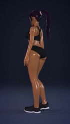 1girl 3d animated ass bare_arms bare_shoulders bent_over bleach breasts curvy dark_skin highres huge_ass large_breasts long_hair looking_at_viewer lowres ponytail shihouin_yoruichi shoes skindentation smile sneakers sports_bikini sports_bra video wide_hips yaja3d yellow_eyes