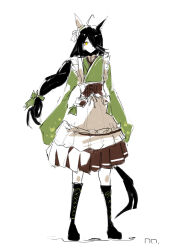 1girl absurdres ahoge animal_ears artist_name black_boots black_hair boots braid braided_ponytail brown_corset brown_skirt corset ear_covers frilled_kimono frills full_body green_skirt hair_over_one_eye highres horse_ears horse_girl horse_tail japanese_clothes kimono lace-up_boots limited_palette long_bangs long_hair long_sleeves looking_at_viewer low-tied_long_hair manhattan_cafe_(umamusume) manhattan_cafe_(verdant_night)_(umamusume) multicolored_hair official_alternate_costume official_alternate_hairstyle pleated_skirt ringring_(artist) shirt signature single_ear_cover skirt solo tail umamusume very_long_hair white_hair white_shirt yellow_eyes