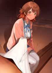 1boy 1girl a1_(initial-g) ahoge bed blue_ribbon blue_skirt blush breasts brown_eyes brown_hair bulge cardigan closed_mouth collared_shirt commentary_request erection gakuen_idolmaster gradient_hair hair_bun hanami_ume highres idolmaster indoors long_sleeves male_pubic_hair male_underwear medium_breasts multicolored_hair neck_ribbon on_bed open_cardigan open_clothes panties pink_cardigan pubic_hair ribbon school_uniform shirt single_side_bun sitting skirt steaming_body thighhighs thighs underwear unworn_panties variant_set white_male_underwear white_shirt white_thighhighs