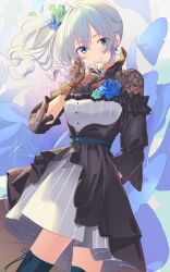 1girl belt black_dress blue_belt blue_eyes blue_flower blue_hair blue_rose blue_scrunchie blush boots breasts cowboy dress falling_petals flower gloves grey_dress hair_between_eyes hand_on_own_cheek hand_on_own_face highres lace lace_gloves large_breasts layered_dress light_blush nijisanji open_clothes parted_lips petals pleated_dress poligon_(046) puffy_short_sleeves puffy_sleeves rose scrunchie short_sleeves side_ponytail skirt smile solo striped_clothes striped_dress teeth thigh_boots vertical-striped_clothes vertical-striped_dress virtual_youtuber western wind yukishiro_mahiro yukishiro_mahiro_(3rd_costume)