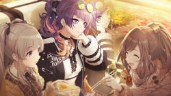 3girls alternate_hairstyle bento black_choker black_ribbon blunt_bangs blurry blurry_foreground bottle breasts brown_hair buttons carton chain chain_necklace choker chopsticks closed_eyes collarbone collared_shirt diagonal_bangs ear_piercing earrings eating food friends grey_hair hair_ornament hair_ribbon highres idolmaster idolmaster_shiny_colors idolmaster_shiny_colors_song_for_prism indoors jacket jewelry long_hair medium_breasts midriff multicolored_hair multiple_girls necklace official_alternate_costume official_alternate_hairstyle official_art open_clothes open_jacket open_mouth parted_bangs piercing ponytail punk purple_eyes purple_hair reflection ribbon rice shirt short_twintails shrimp shrimp_tempura sidelocks smile sunset sweater tanaka_mamimi tempura train_interior tsukioka_kogane turtleneck turtleneck_sweater twintails two-tone_hair yukoku_kiriko