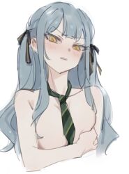 1girl bang_dream! bang_dream!_it&#039;s_mygo!!!!! black_ribbon blue_hair blush center-flap_bangs chinese_commentary commentary_request covering_nipples covering_privates cropped_torso curly_hair embarrassed flat_chest glaring green_necktie hair_ribbon hand_on_own_chest long_hair looking_at_viewer looking_down multicolored_ribbon naked_necktie necktie nude parted_lips ribbon sidelocks simple_background sketch solo togawa_sakiko two_side_up v-shaped_eyebrows white_background yellow_eyes yellow_ribbon yukikuma_(yukikuma_018)