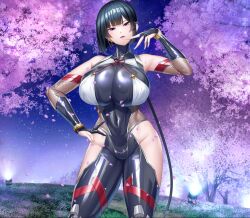 1girl bob_cut bodysuit breasts curvy fingerless_gloves forest full_body gloves hand_on_own_hip highres huge_breasts impossible_bodysuit impossible_clothes lilith-soft lips looking_at_viewer low_ponytail nature night night_sky outdoors ponytail revealing_clothes ryuuzen_tomoko shiny_skin short_hair sian sky smile solo taimanin_(series) taimanin_rpgx taimanin_suit tree wide_hips