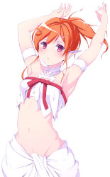 1girl absurdres arm_strap armband armpits arms_up asuna_(sao) breasts choker cosplay ear_covers elf fantasy floating_hair groin hair_between_eyes highres long_hair midriff navel open_mouth orange_hair original pointy_ears ponytail red_eyes red_ribbon ribbon simple_background skindentation skirt small_breasts solo standing stomach sword_art_online titania_(sao) titania_(sao)_(cosplay) wakkuchin20 white_armband white_background white_choker white_skirt