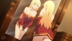 Rule 34 | 1girl, ass, bare shoulders, blonde hair, blue eyes, breasts, cleavage, collarbone, cosplay, cowboy shot, darkness (konosuba), dress, dutch angle, from behind, hair down, indoors, keihh, kono subarashii sekai ni shukufuku wo!, large breasts, long hair, long sleeves, looking at mirror, megumin, megumin (cosplay), mirror, no bra, no panties, paid reward available, red dress, reflection, skirt, skirt tug, solo, thighs