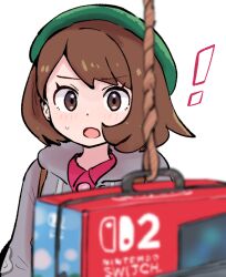 Rule 34 | !, 1girl, :o, beret, blurry, blurry foreground, brown eyes, brown hair, buttons, cardigan, collared dress, commentary request, dress, eyelashes, gloria (pokemon), green hat, grey cardigan, hat, highres, hood, hood down, hooded cardigan, kutabireta neko, light blush, nintendo, nintendo switch 2, open mouth, pink dress, pokemon, pokemon swsh, rope, short hair, simple background, solo, sweatdrop, white background