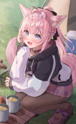 1girl :3 absurdres animal_ears antenna_hair belt belt_collar black_hoodie black_ribbon blue_eyes blush bow braid brown_pantyhose brown_shoes camping collar commentary cup earrings extra_ears fang footwear_bow hair_ornament hair_ribbon hairclip hakui_koyori hakui_koyori_(school_uniform) heart heart_hair_ornament highres hololive hood hoodie jewelry loafers long_hair long_sleeves mayonnaise mug multicolored_eyes open_mouth outdoors pantyhose pink_belt pink_bow pink_hair pink_sailor_collar pink_skirt plaid_bow plaid_clothes plaid_skirt ponytail purple_eyes ribbon sailor_collar sasamin shoes skirt sleeves_past_wrists smile solo squatting tail tent thighs tongue two-tone_eyes two-tone_hoodie virtual_youtuber white_hoodie wolf_ears wolf_girl wolf_tail