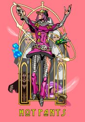 1girl bear black_helmet boots bug character_name commentary cream_starter_(stand) dress english_commentary fly gold_flower grey_pants grey_sleeves helmet hot_pants_(sbr) insect jojo_no_kimyou_na_bouken nun pants pink_background pink_boots pink_dress purple_lips scar scar_on_leg stand_(jojo) steel_ball_run tanaka_kaori traditional_nun tubular_bells_(stand)