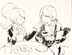 Rule 34 | 2girls, ^ ^, asahina aoi, belt, belt buckle, blazer, blunt bangs, blush, buckle, clipboard, closed eyes, collared jacket, collared shirt, cup, danganronpa (series), danganronpa 3 (anime), dated, elbow on table, eyelashes, feeding, greyscale, hair ribbon, happy, highres, holding, holding clipboard, holding cup, jacket, kirigiri kyoko, lapels, layered sleeves, long hair, long sidelocks, long sleeves, looking at another, miniskirt, monochrome, mug, multiple girls, necktie, nib pen (medium), no+bi=, notched lapels, on stool, open clothes, open jacket, pen (medium), pencil skirt, photo (medium), ponytail, ribbon, saucer, shirt, sidelocks, sitting, skirt, straight hair, studded gloves, sweatdrop, tea, teacup, teeth, traditional media, upper teeth only