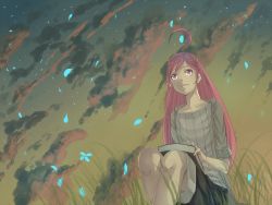 1girl ahoge bad_id bad_pixiv_id book casual cloud dusk expressionless female_focus field flower grass lap long_hair looking_up petals pink_eyes pink_hair sf-a2_miki shirt sitting sky solo star_(sky) striped_clothes striped_shirt tomaeda_(bravered) vertical-striped_clothes vertical-striped_shirt vocaloid