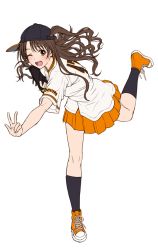 1girl :d baseball_jersey black_hat black_socks blush brown_eyes brown_hair converse female_focus full_body hat idolmaster idolmaster_cinderella_girls jersey kneehighs left-handed long_hair looking_at_viewer nigou nippon_professional_baseball one_eye_closed one_side_up open_mouth orange_shoes orange_skirt pitching pleated_skirt shimamura_uzuki shoes simple_background skirt smile sneakers socks solo standing standing_on_one_leg v white_background yomiuri_giants
