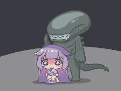 Rule 34 | 1girl, :&gt;, absurdres, alien: isolation, alien (series), commentary, cowering, drooling, english commentary, grin, hair flaps, highres, hololive, hololive english, jewel under eye, koseki bijou, koseki bijou (1st costume), long hair, mpien, pebble (koseki bijou), purple hair, scared, smile, tail, tears, trembling, virtual youtuber, xenomorph