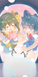 2girls ahoge artist_name blue_bow blue_dress blue_eyes blue_hair bow building_snowman chinese_commentary cirno closed_eyes commentary_request daiyousei dress green_hair hair_between_eyes hair_bow highres imoko_(imonatsuki) leaf mini_snowman mittens multiple_girls neck_ribbon one_side_up red_ribbon ribbon scarf smile snow snowman touhou watermark weibo_watermark yellow_bow yellow_scarf