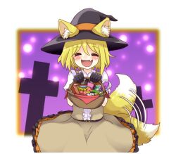 1girl :d afterimage animal_ear_fluff animal_ears basket black_gloves black_hat blonde_hair blurry blurry_background blush brown_dress candy center_frills closed_eyes collared_shirt commentary_request cookie_(touhou) cowboy_shot dress ears_through_headwear fang food fox_ears fox_girl fox_tail frills gloves halloween hat holding holding_basket lollipop miramikaru_riran namatama_(7lemo_can) omelet open_mouth pinafore_dress shirt short_hair short_sleeves sleeveless sleeveless_dress smile solo tail tail_wagging tamagoyaki white_shirt witch_hat wrapped_candy
