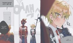 1boy 1other bad_id bad_twitter_id black_gloves black_shirt blonde_hair blush close-up coat commentary dante_(limbus_company) gloves hair_between_eyes halberd hands_in_pockets highres holding holding_polearm holding_weapon inactive_account korean_commentary korean_text looking_at_another male_focus maratang necktie object_head polearm project_moon red_coat red_necktie shirt shy simple_background sinclair_(project_moon) speech_bubble sweatdrop weapon white_shirt yellow_eyes