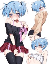 1boy absurdres ansatsu_kyoushitsu bikini black_shirt black_skirt black_thighhighs blue_eyes blue_hair blush bow cardigan choker closed_mouth clothes_lift commentary_request crossdressing frilled_bikini frills highres ia_1928 kunugigaoka_middle_school_uniform lifting_own_clothes male_focus miniskirt off-shoulder_shirt off_shoulder partial_commentary pectoral_cleavage pectorals pink_bow pleated_skirt red_choker red_skirt school_uniform shiota_nagisa shirt shirt_lift short_hair short_sleeves short_twintails skirt skirt_tug swimsuit thighhighs tongue tongue_out trap tsurime twintails white_background white_bikini wristband yellow_cardigan zettai_ryouiki