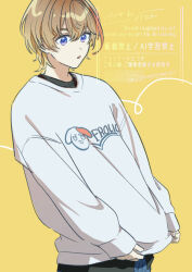 Rule 34 | 1boy, :o, artist name, black shirt, blonde hair, clothes writing, commentary request, fura kanato, hair between eyes, logo, long sleeves, male focus, mapogeso, multicolored hair, nijisanji, open mouth, orange hair, pulling own clothes, purple eyes, shirt, short hair, signature, simple background, sleeves past wrists, solo, standing, streaked hair, sweater, twitter username, virtual youtuber, watermark, white sweater, yellow background