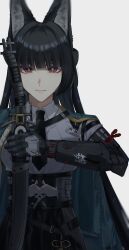 1girl 4reiji absurdres animal_ear_fluff animal_ears black_hair black_necktie black_sash black_skirt blunt_bangs blunt_sidelocks breasts bright_pupils closed_mouth collared_shirt commentary cowboy_shot eyeliner fox_ears fox_girl green_jacket hashtag-only_commentary highres holding holding_sword holding_weapon hoshimi_miyabi jacket large_breasts long_hair looking_at_viewer makeup necktie prosthesis prosthetic_arm red_eyeliner red_eyes sash shirt skirt solo sword weapon white_pupils white_shirt zenless_zone_zero