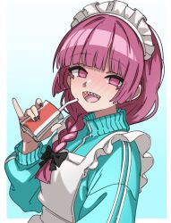1girl :d @_@ absurdres alternate_costume apron aqua_background aqua_jacket black_bow black_nails blunt_bangs blush bocchi_the_rock! border bow braid braided_ponytail commentary drinking_straw english_commentary full-face_blush ghuler gradient_background hair_bow highres hiroi_kikuri holding_juice_box jacket jersey_maid light_blush long_hair long_sleeves looking_at_viewer low_ponytail maid maid_apron maid_day maid_headdress open_mouth outside_border pink_hair pinky_out ponytail puffy_long_sleeves puffy_sleeves sharp_teeth sidelocks smile solo teeth track_jacket unconventional_maid upper_body upper_teeth_only white_apron white_border