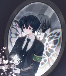Rule 34 | 1boy, armband, bags under eyes, black butterfly, black coat, black eyes, black hair, black necktie, black vest, broken mirror, bug, buhuaixiaoguai, butterfly, butterfly on hand, coat, collared shirt, double-parted bangs, e.g.o (project moon), gloves, glowing, green armband, hair between eyes, hand up, highres, insect, light frown, limbus company, male focus, mirror, monarch butterfly, necktie, project moon, reflection, shirt, short hair, solemn lament (e.g.o), solo, too many, too many butterflies, upper body, vest, white butterfly, white gloves, white shirt, yi sang (project moon)