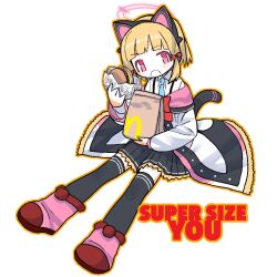 1girl :3 animal_ear_headphones animal_ears bag black_skirt black_thighhighs blonde_hair blue_archive blue_necktie blush boots bow burger cat_ear_headphones cat_tail coat collared_shirt fake_animal_ears fake_tail fast_food food hair_bow halo headphones holding holding_bag holding_burger holding_food long_sleeves looking_at_viewer mcdonald&#039;s momoi_(blue_archive) multiple_hair_bows necktie off_shoulder open_mouth orange_outline outline outstretched_legs paper_bag parody pink_boots pink_eyes pleated_skirt shinbashi_seiji shirt short_hair simple_background sitting skirt solo super_size_me suspender_skirt suspenders tail thighhighs title_parody white_background white_coat white_shirt