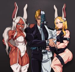 1boy 2girls alternate_hair_color alternate_skin_color animal_ears batman_(series) batman_forever black_gloves black_nails black_vs_white blonde_hair boku_no_hero_academia bracelet business_suit character_request collar dark-skinned_female dark_skin dc_comics dual_persona fingerless_gloves formal_clothes girl_sandwich gloves highres jewelry long_eyelashes long_hair mirko multiple_girls muscular muscular_female rabbit_ears rabbit_girl sandwiched spiked_bracelet spiked_collar spiked_thighlet spikes split_theme standing suit thighhighs two-face v0ideyedpanda white_hair white_thighhighs