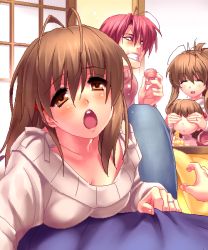 Rule 34 | 00s, 1boy, 4girls, :o, antenna hair, blush, brown eyes, brown hair, clannad, clenched teeth, covering privates, covering face, covering own eyes, drunk, furukawa akio, furukawa nagisa, furukawa sanae, husband and wife, kotatsu, looking at viewer, multiple girls, okazaki tomoya, okazaki ushio, open mouth, pov, short hair, table, teeth, zen