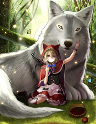 1girl ak-47 animal animal_hood apple arm_up assault_rifle basket blonde_hair blood boots bow bowtie bug butterfly choker dappled_sunlight day dress fantasy firefly food forest frilled_dress frills fruit grass gun highres hood hood_up insect kalashnikov_rifle kentaurosu light_smile little_red_riding_hood nature original outdoors over-kneehighs oversized_animal ribbon_choker rifle shadow shawl short_hair sitting sunlight thighhighs tree weapon wolf wrist_cuffs