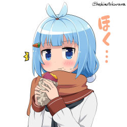 Rule 34 | 1girl, blue eyes, blue hair, brown scarf, carrot hair ornament, eating, food, food-themed hair ornament, food on face, hair ornament, hashimoto kurara, holding, holding food, itsumo hokuto, roasted sweet potato, scarf, school uniform, serafuku, shakunetsu no takkyuu musume, solo, sweatdrop, sweet potato, twitter username, upper body