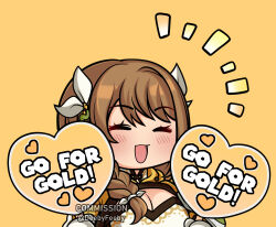 1girl braid breasts brown_hair chibi chibi_only cleavage commission deebyfeeby fire_emblem fire_emblem_engage gloves goldmary_(fire_emblem) highres holding holding_sign hooded_top large_breasts long_hair low_ponytail nintendo open_mouth ponytail ribbon side_ponytail sign smile solo upper_body white_gloves white_ribbon