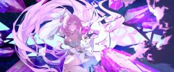 1girl absurdres black_shorts breasts chinese_commentary cleavage commentary_request corset crystal_shards diamond-shaped_pupils diamond_(shape) elysia_(herrscher_of_human:_ego)_(honkai_impact) elysia_(honkai_impact) gloves highres honkai_(series) honkai_impact_3rd incredibly_absurdres large_breasts pink_hair purple_eyes qian_qian_qian short_hair short_shorts shorts smile solo symbol-shaped_pupils thighs triquetra veil white_corset white_gloves white_veil